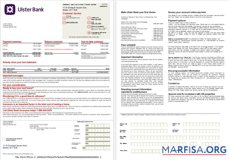 Realistic UK Ulster Bank mortgage statement in Word and PDF formats, 2 pages example